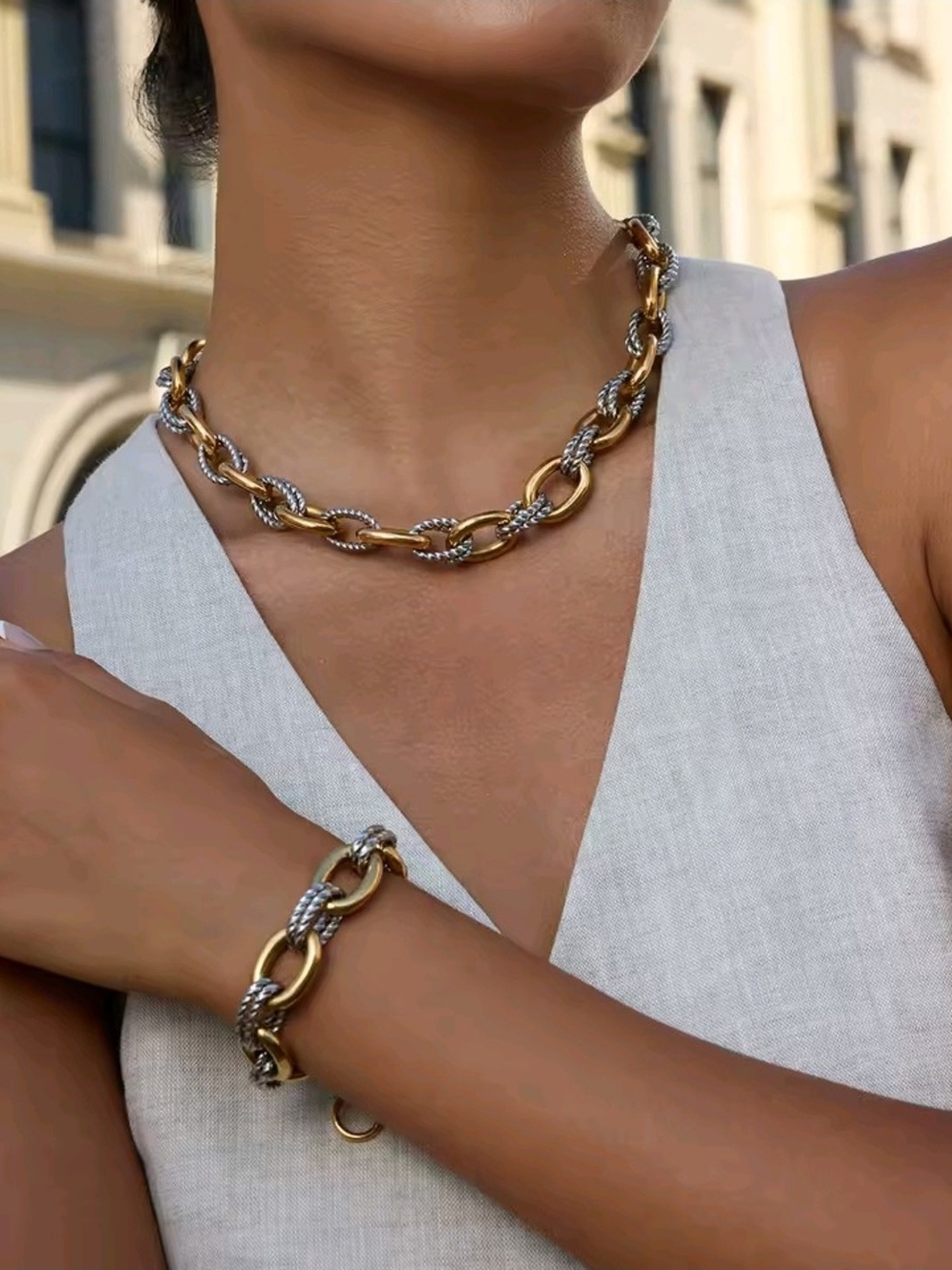 Gold and Silver Two-Tone Stainless Steel Chain Necklace and Bracelet Set